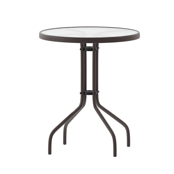 Bronze |#| Modern 23.75inch Round Glass Framed Glass Table with 2 Bronze Slat Back Chairs