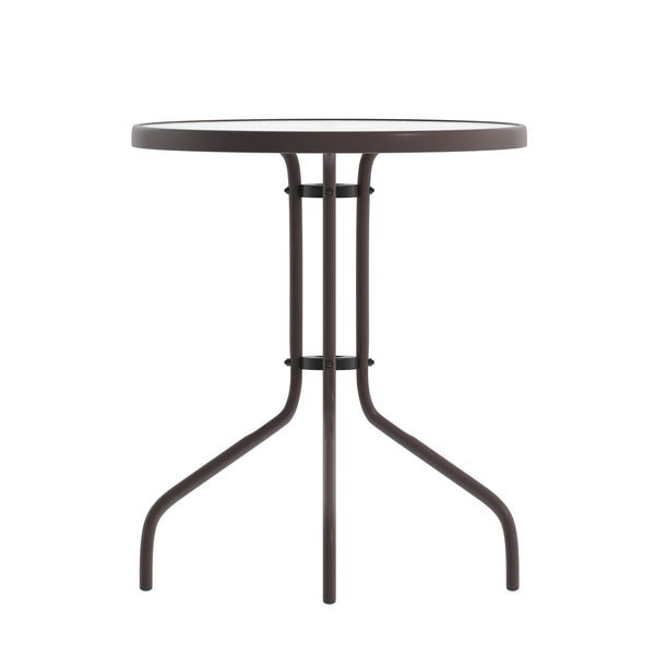 Black |#| 23.75inch Round Glass Metal Table with 2 Black Metal Aluminum Slat Stack Chairs