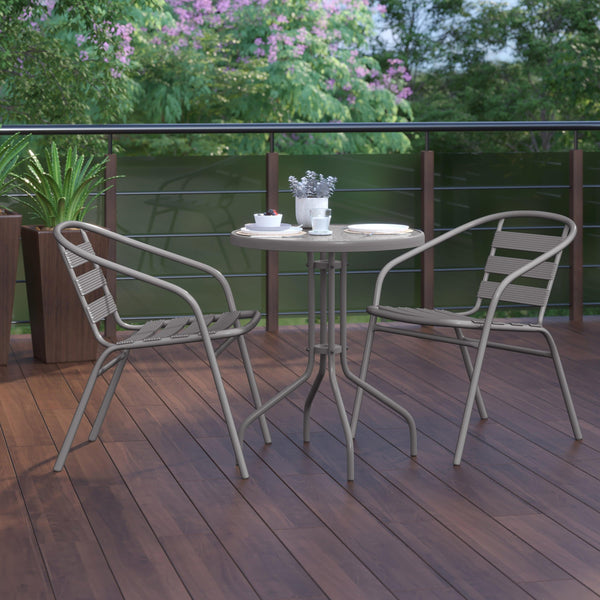 Silver |#| Modern 23.75inch Round Glass Framed Glass Table with 2 Silver Slat Back Chairs