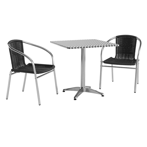 Black |#| 27.5" Square Aluminum Indoor-Outdoor Table Set with 2 Black Rattan Chairs