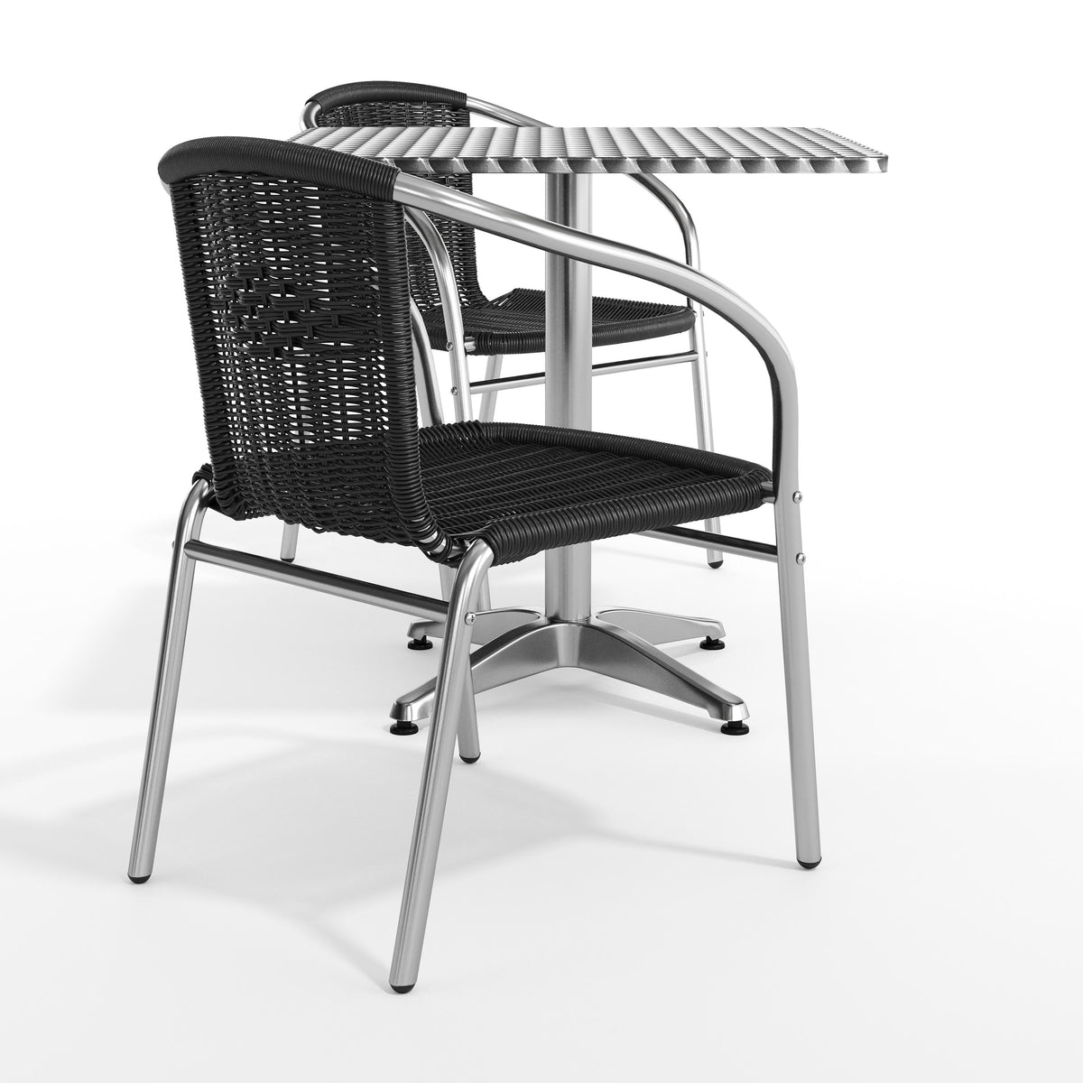 Black |#| 27.5" Square Aluminum Indoor-Outdoor Table Set with 2 Black Rattan Chairs