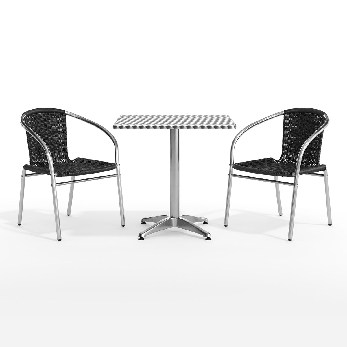 Black |#| 27.5" Square Aluminum Indoor-Outdoor Table Set with 2 Black Rattan Chairs