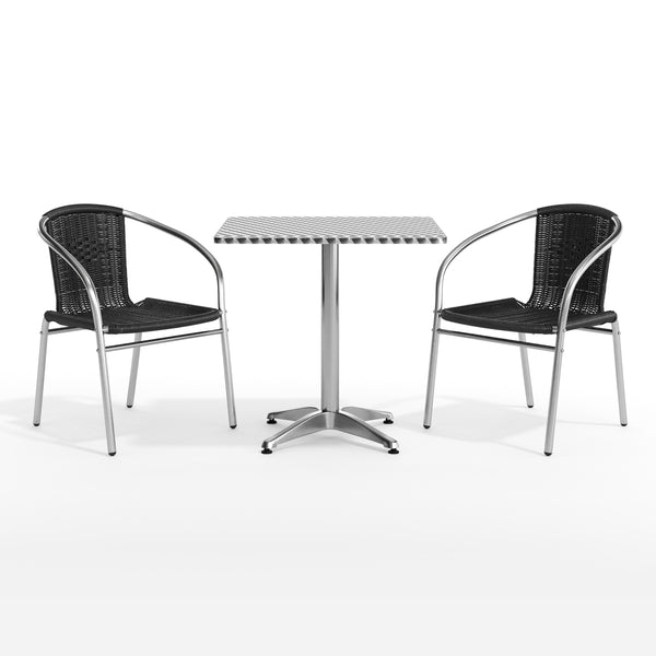 Black |#| 27.5" Square Aluminum Indoor-Outdoor Table Set with 2 Black Rattan Chairs