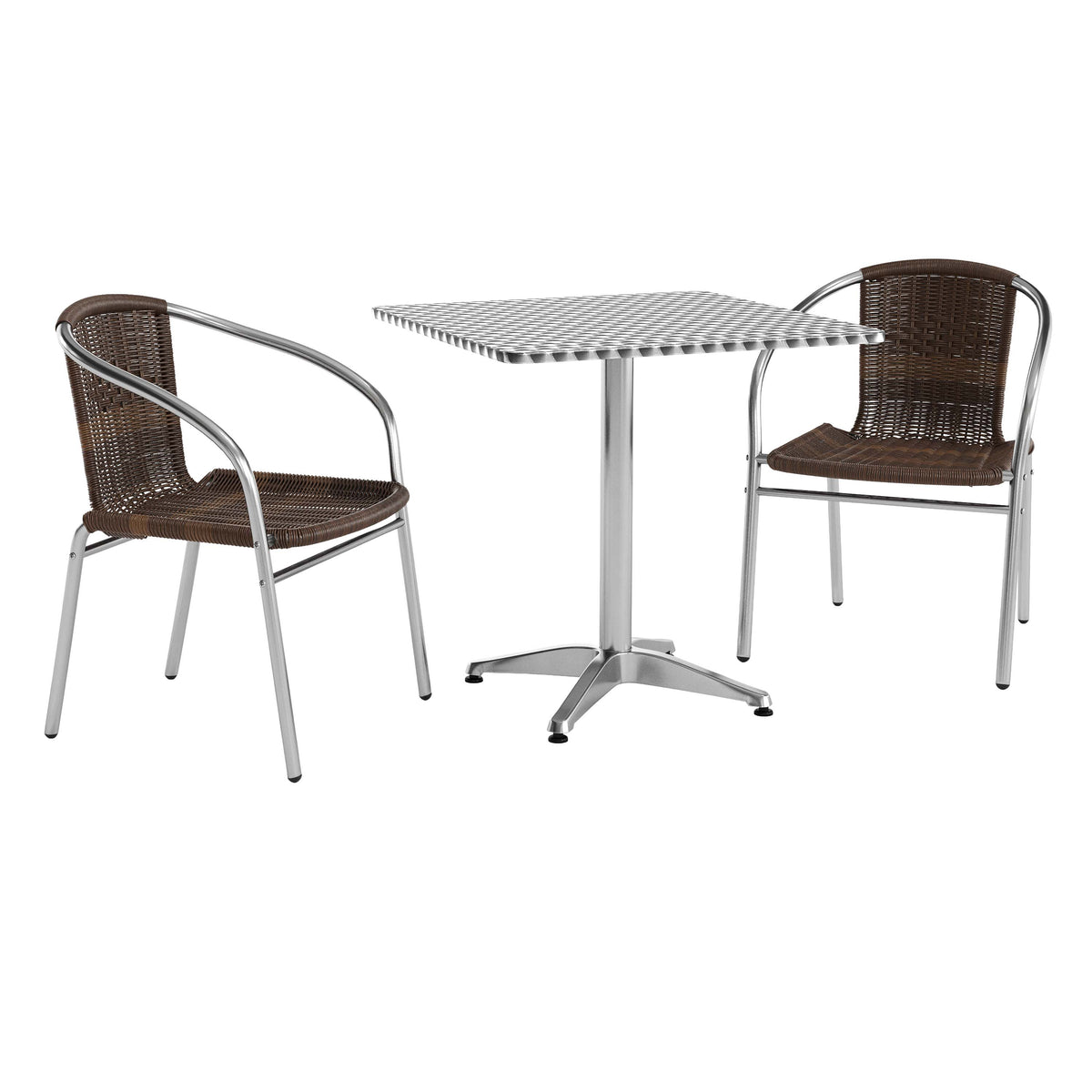 Dark Brown |#| 27.5" Square Aluminum Indoor-Outdoor Table Set with 2 Dark Brown Rattan Chairs