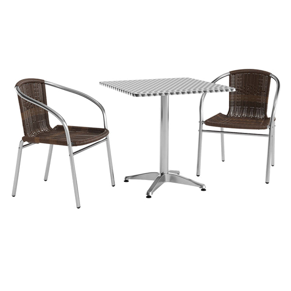 Dark Brown |#| 27.5" Square Aluminum Indoor-Outdoor Table Set with 2 Dark Brown Rattan Chairs