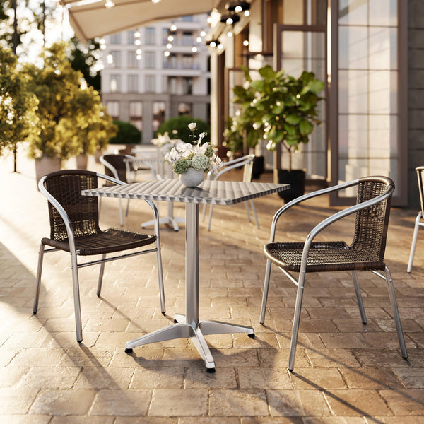 Dark Brown |#| 27.5" Square Aluminum Indoor-Outdoor Table Set with 2 Dark Brown Rattan Chairs
