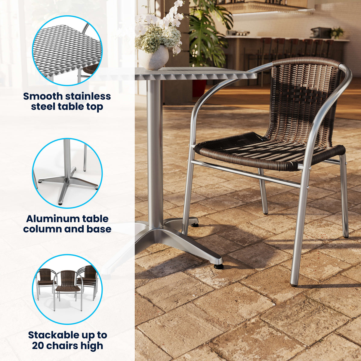 Dark Brown |#| 27.5" Square Aluminum Indoor-Outdoor Table Set with 2 Dark Brown Rattan Chairs