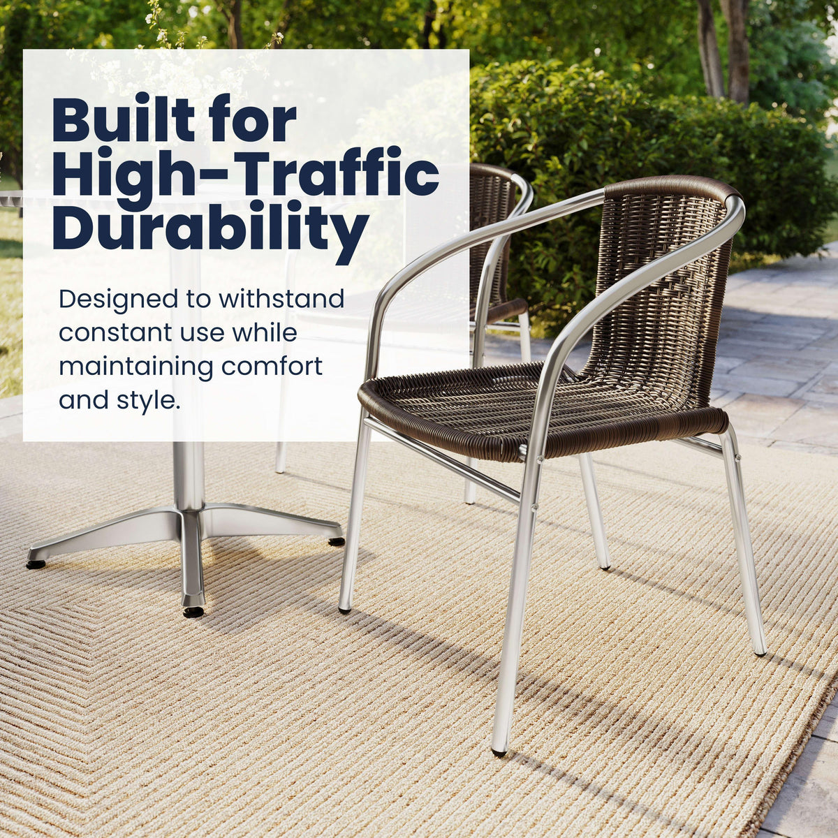 Dark Brown |#| 27.5" Square Aluminum Indoor-Outdoor Table Set with 2 Dark Brown Rattan Chairs