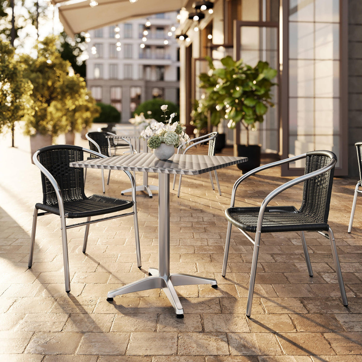 Black |#| 27.5" Square Aluminum Indoor-Outdoor Table Set with 2 Black Rattan Chairs