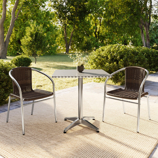 Dark Brown |#| 27.5" Square Aluminum Indoor-Outdoor Table Set with 2 Dark Brown Rattan Chairs