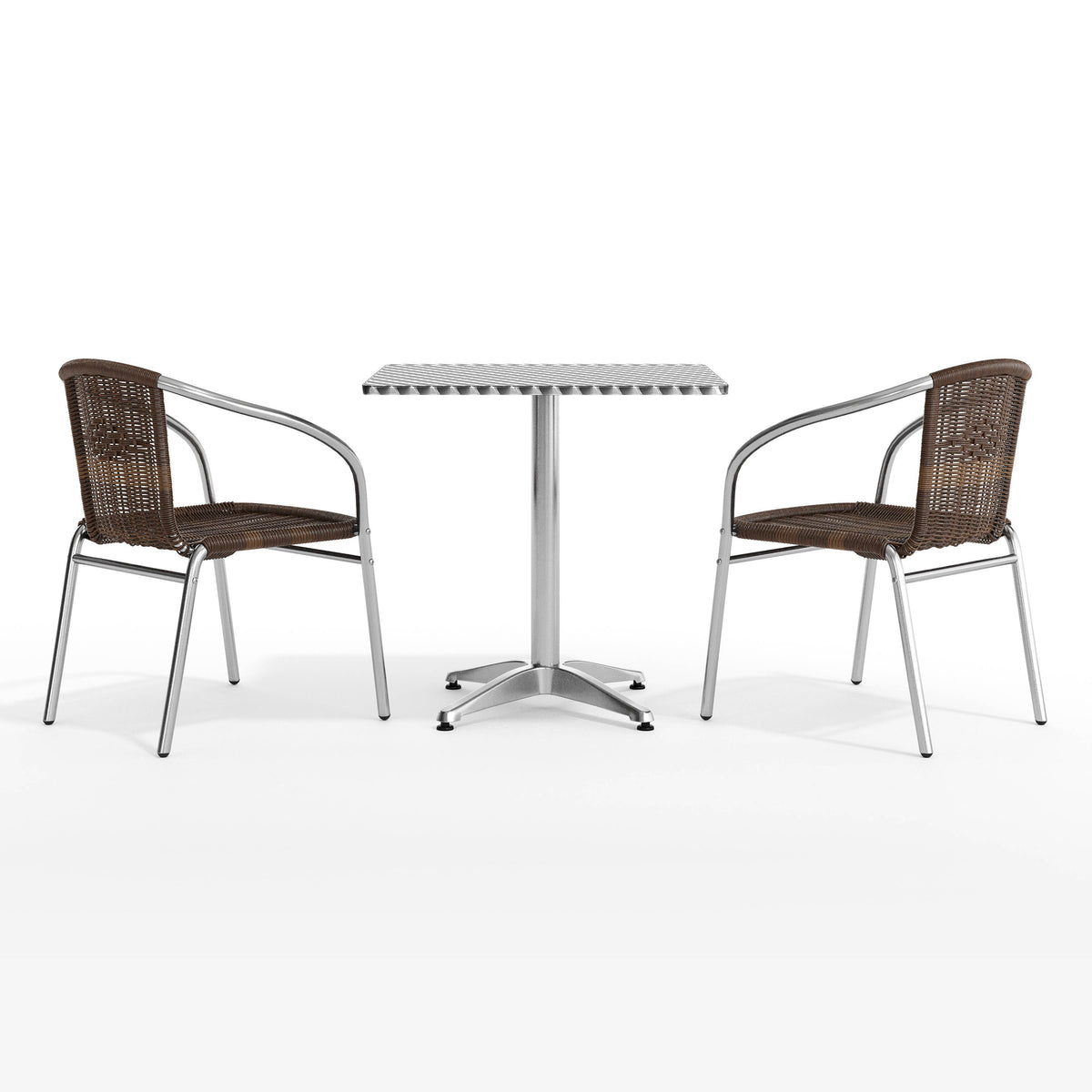 Dark Brown |#| 27.5" Square Aluminum Indoor-Outdoor Table Set with 2 Dark Brown Rattan Chairs