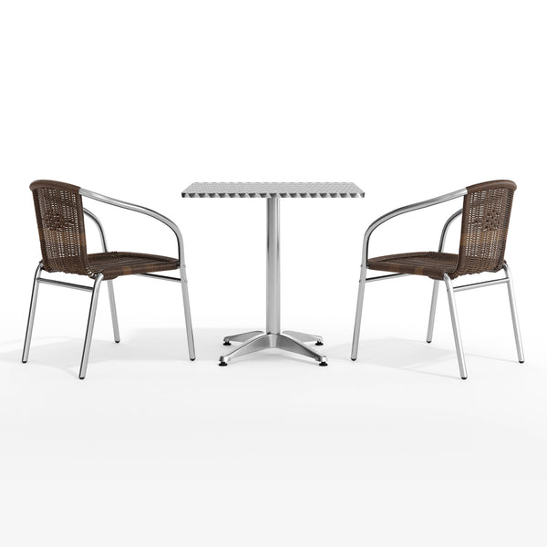 Dark Brown |#| 27.5" Square Aluminum Indoor-Outdoor Table Set with 2 Dark Brown Rattan Chairs