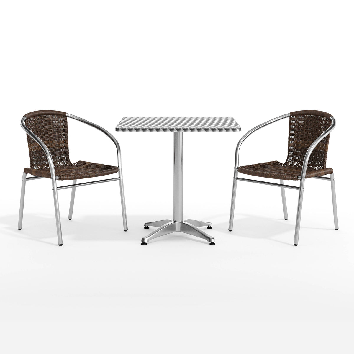 Dark Brown |#| 27.5" Square Aluminum Indoor-Outdoor Table Set with 2 Dark Brown Rattan Chairs