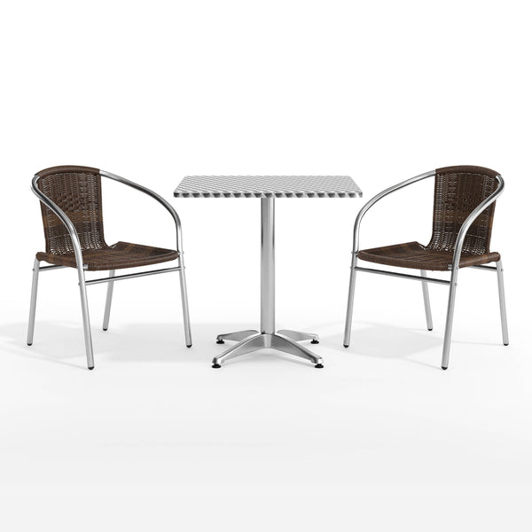 Dark Brown |#| 27.5" Square Aluminum Indoor-Outdoor Table Set with 2 Dark Brown Rattan Chairs