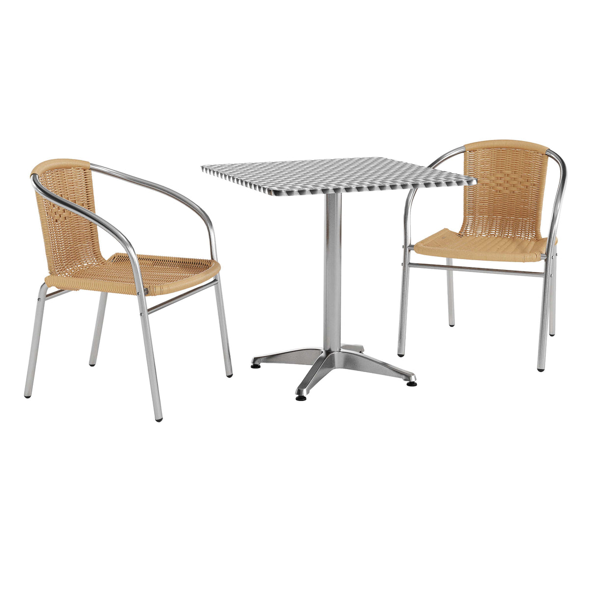Beige |#| 27.5" Square Aluminum Indoor-Outdoor Table Set with 2 Beige Rattan Chairs