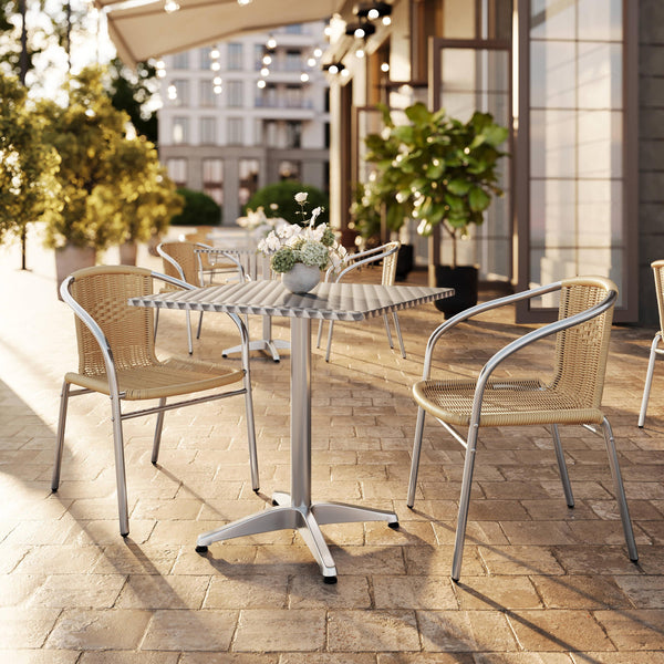Beige |#| 27.5" Square Aluminum Indoor-Outdoor Table Set with 2 Beige Rattan Chairs
