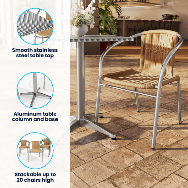 Beige |#| 27.5" Square Aluminum Indoor-Outdoor Table Set with 2 Beige Rattan Chairs