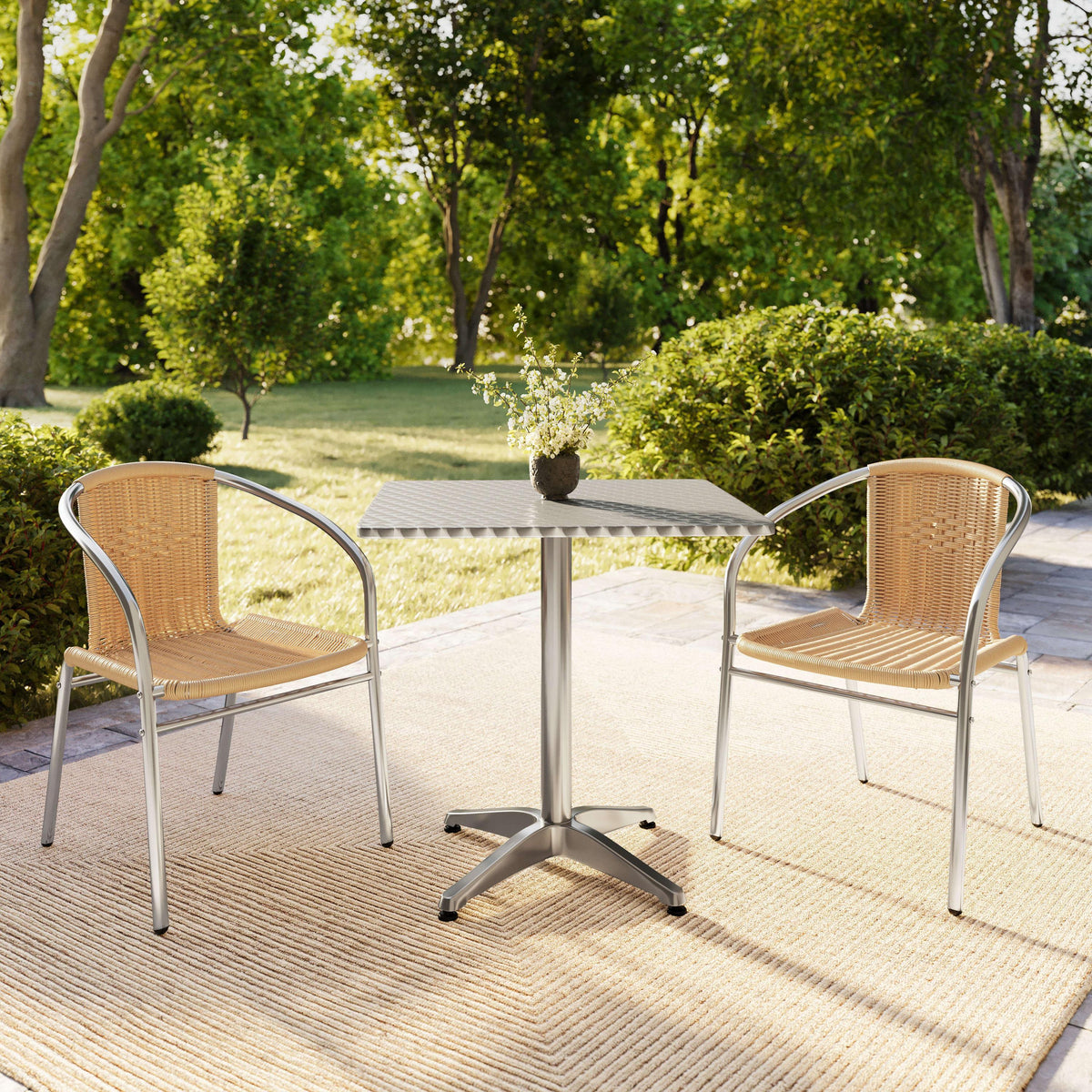 Beige |#| 27.5" Square Aluminum Indoor-Outdoor Table Set with 2 Beige Rattan Chairs