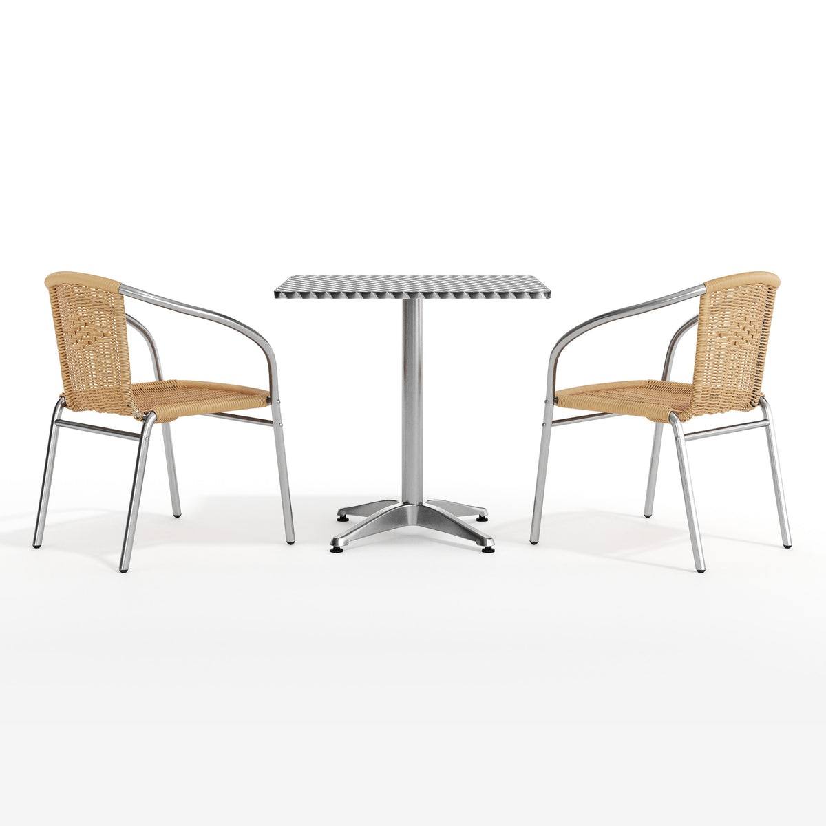 Beige |#| 27.5" Square Aluminum Indoor-Outdoor Table Set with 2 Beige Rattan Chairs