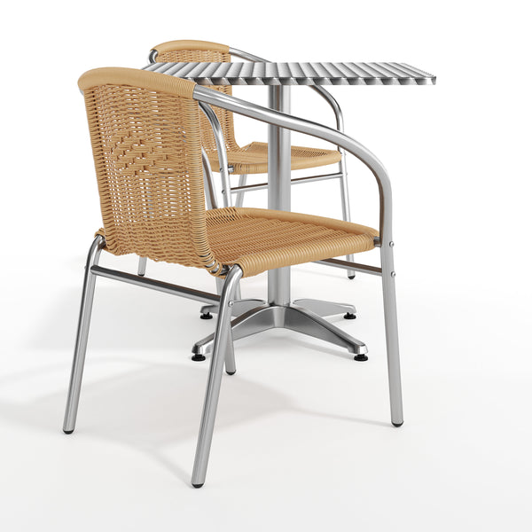 Beige |#| 27.5" Square Aluminum Indoor-Outdoor Table Set with 2 Beige Rattan Chairs