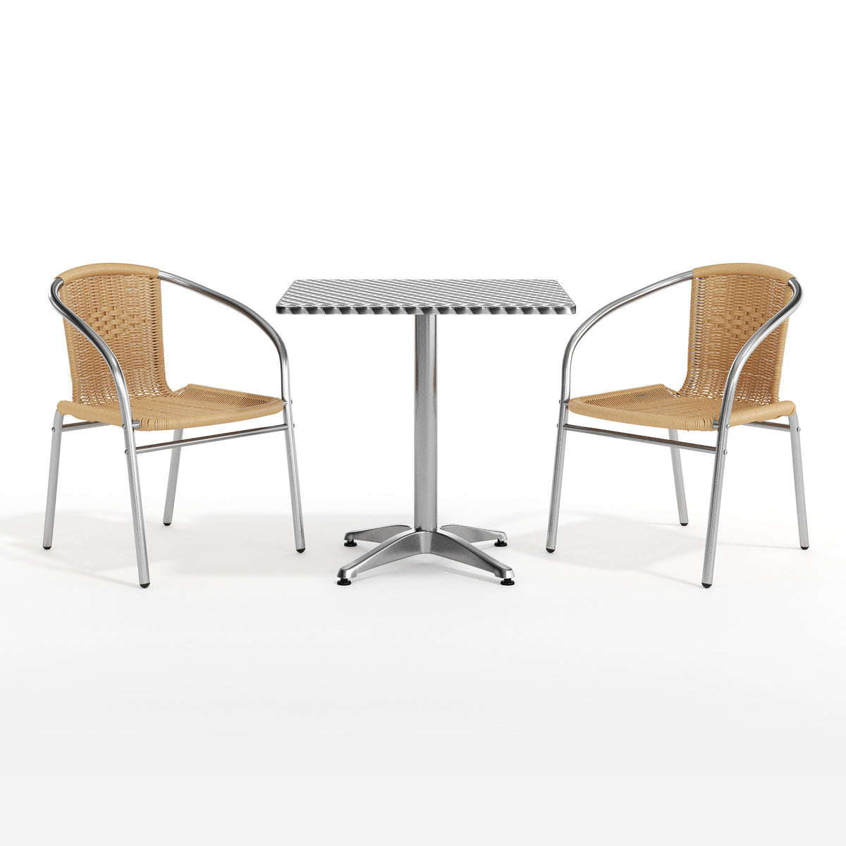 Beige |#| 27.5" Square Aluminum Indoor-Outdoor Table Set with 2 Beige Rattan Chairs