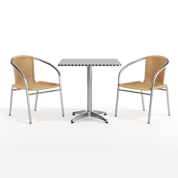 Beige |#| 27.5" Square Aluminum Indoor-Outdoor Table Set with 2 Beige Rattan Chairs