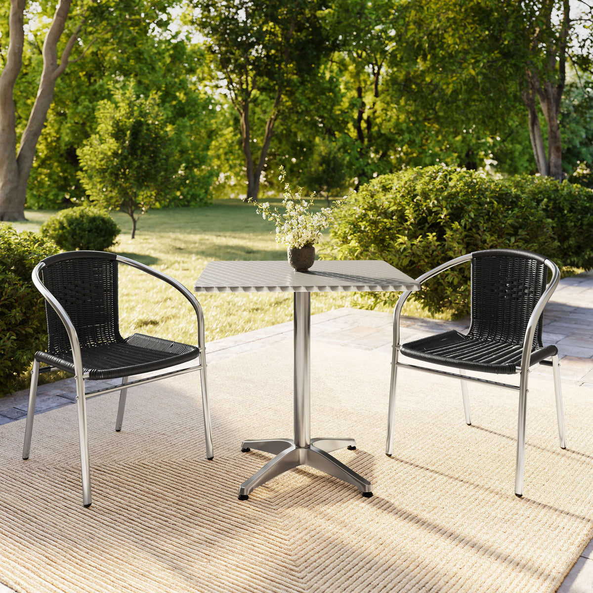 Black |#| 27.5" Square Aluminum Indoor-Outdoor Table Set with 2 Black Rattan Chairs