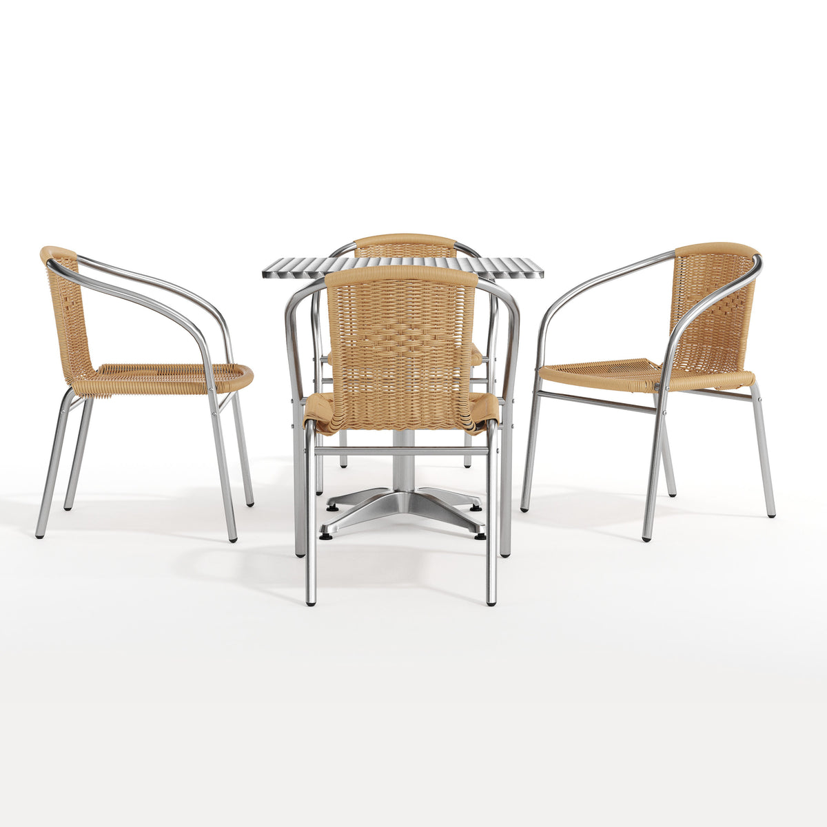 Beige |#| 27.5" Square Aluminum Indoor-Outdoor Table Set with 4 Beige Rattan Chairs