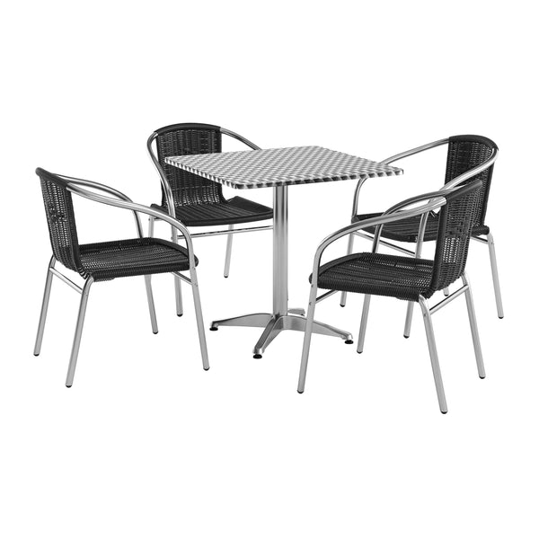 Black |#| 27.5" Square Aluminum Indoor-Outdoor Table Set with 4 Black Rattan Chairs
