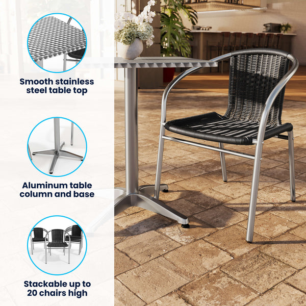 Black |#| 27.5" Square Aluminum Indoor-Outdoor Table Set with 4 Black Rattan Chairs
