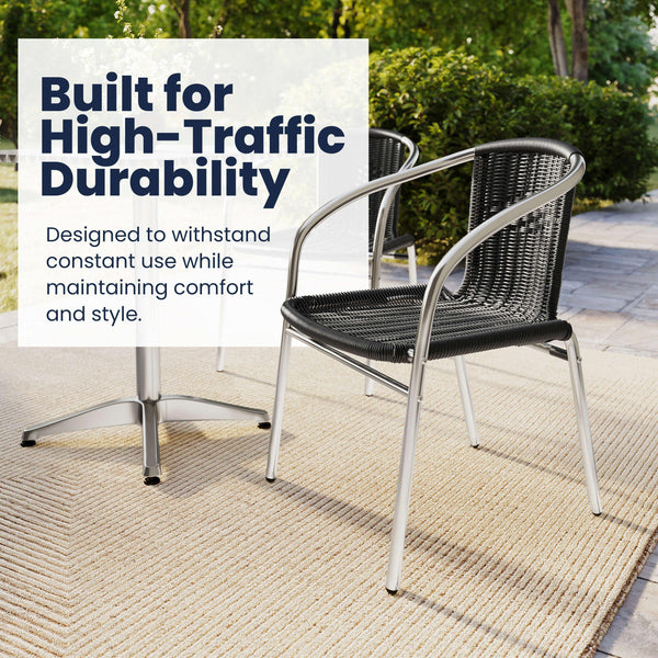 Black |#| 27.5" Square Aluminum Indoor-Outdoor Table Set with 4 Black Rattan Chairs