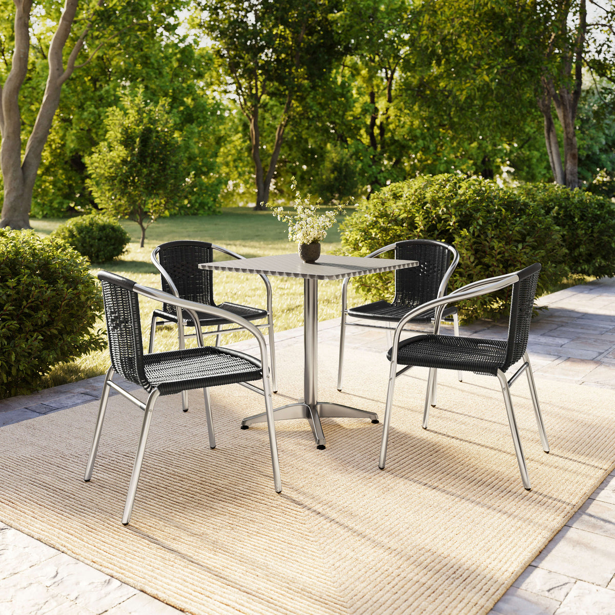 Black |#| 27.5" Square Aluminum Indoor-Outdoor Table Set with 4 Black Rattan Chairs