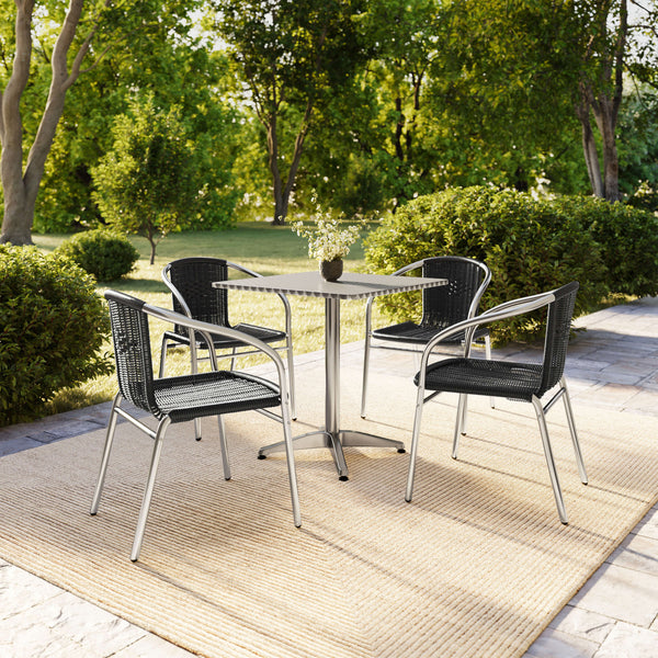 Black |#| 27.5" Square Aluminum Indoor-Outdoor Table Set with 4 Black Rattan Chairs