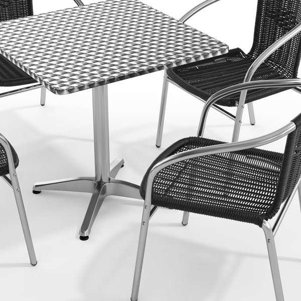 Black |#| 27.5" Square Aluminum Indoor-Outdoor Table Set with 4 Black Rattan Chairs