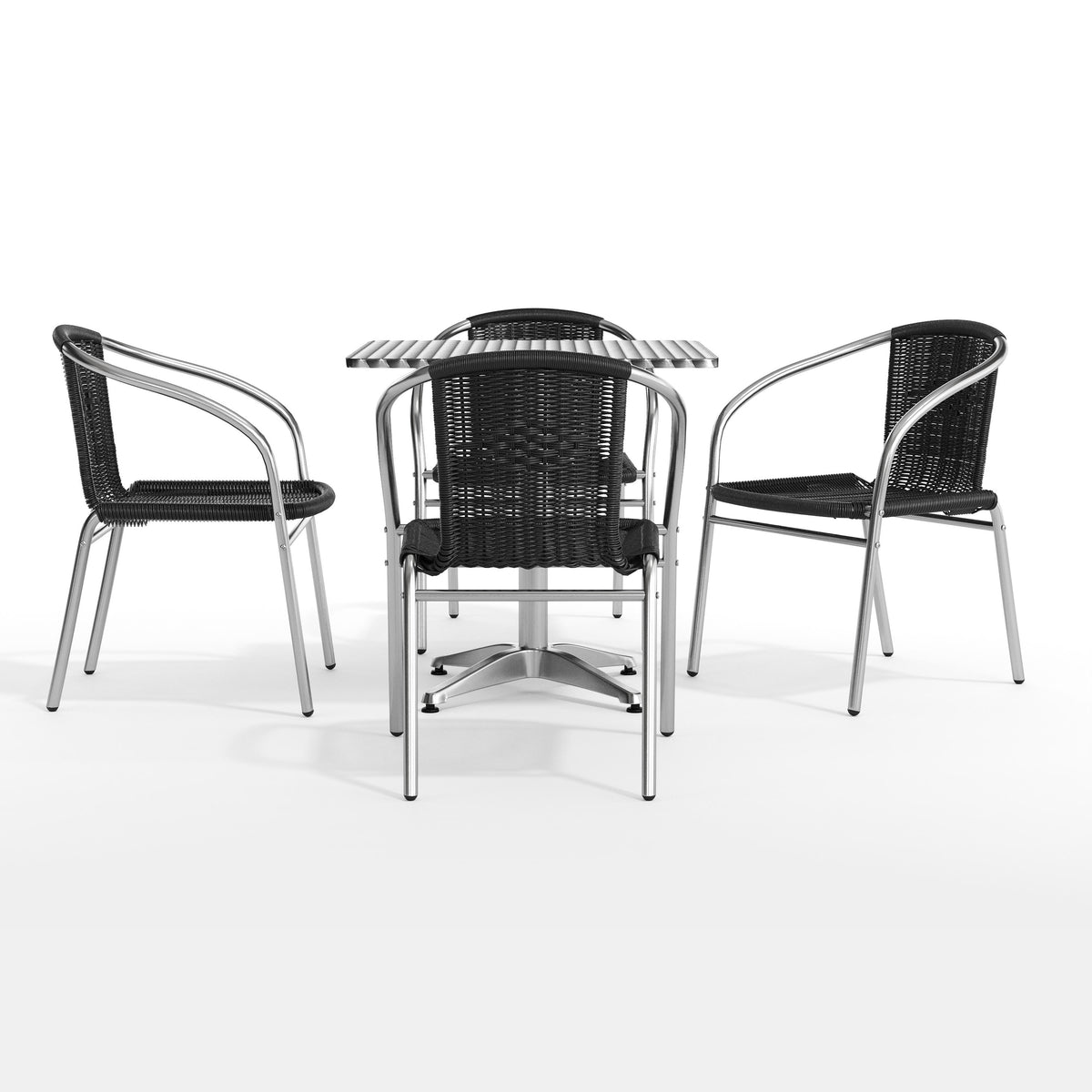 Black |#| 27.5" Square Aluminum Indoor-Outdoor Table Set with 4 Black Rattan Chairs