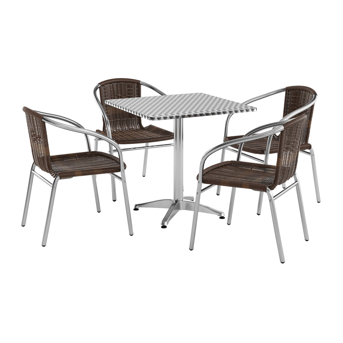 Dark Brown |#| 27.5" Square Aluminum Indoor-Outdoor Table Set with 4 Dark Brown Rattan Chairs
