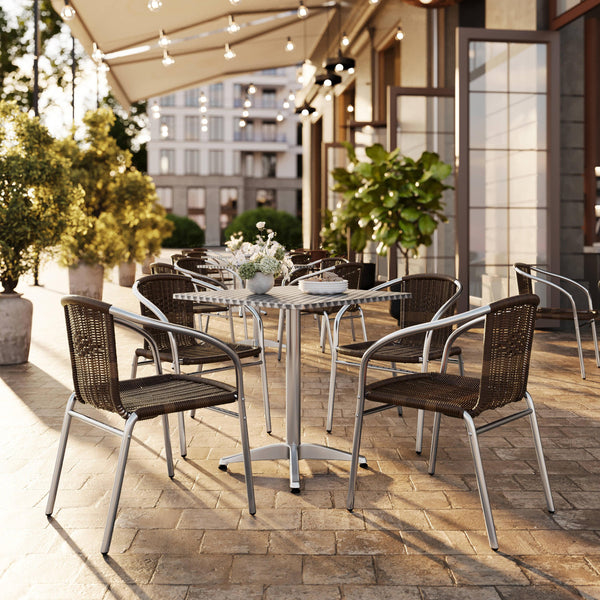 Dark Brown |#| 27.5" Square Aluminum Indoor-Outdoor Table Set with 4 Dark Brown Rattan Chairs