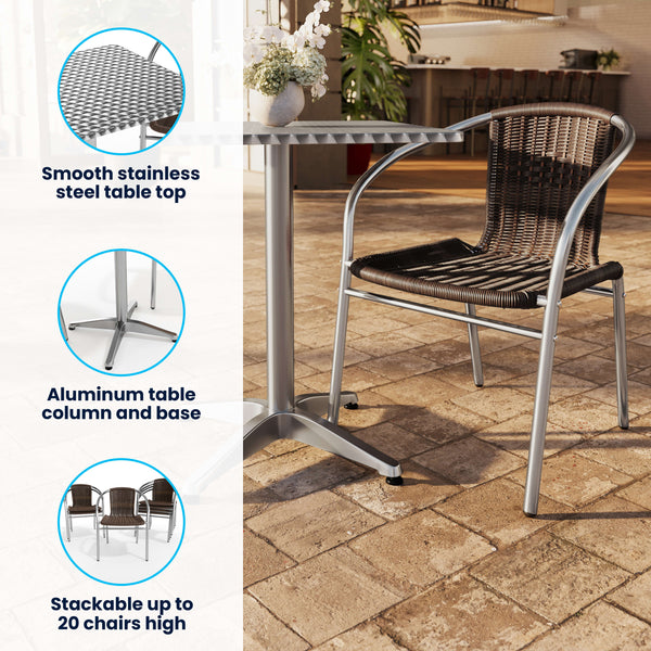 Dark Brown |#| 27.5" Square Aluminum Indoor-Outdoor Table Set with 4 Dark Brown Rattan Chairs