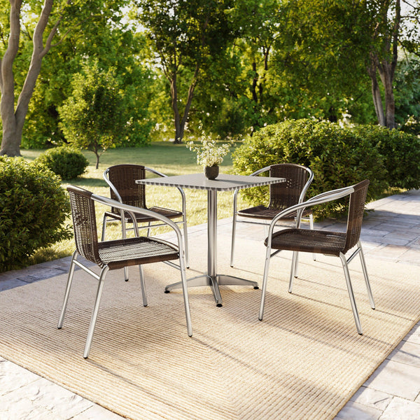 Dark Brown |#| 27.5" Square Aluminum Indoor-Outdoor Table Set with 4 Dark Brown Rattan Chairs
