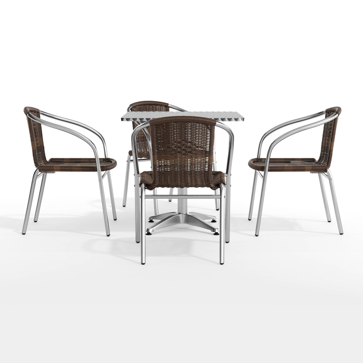 Dark Brown |#| 27.5" Square Aluminum Indoor-Outdoor Table Set with 4 Dark Brown Rattan Chairs