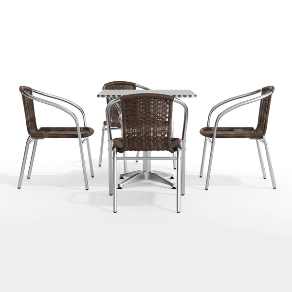 Dark Brown |#| 27.5" Square Aluminum Indoor-Outdoor Table Set with 4 Dark Brown Rattan Chairs