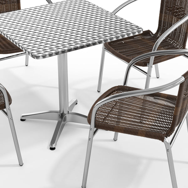 Dark Brown |#| 27.5" Square Aluminum Indoor-Outdoor Table Set with 4 Dark Brown Rattan Chairs