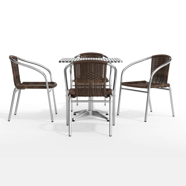 Dark Brown |#| 27.5" Square Aluminum Indoor-Outdoor Table Set with 4 Dark Brown Rattan Chairs