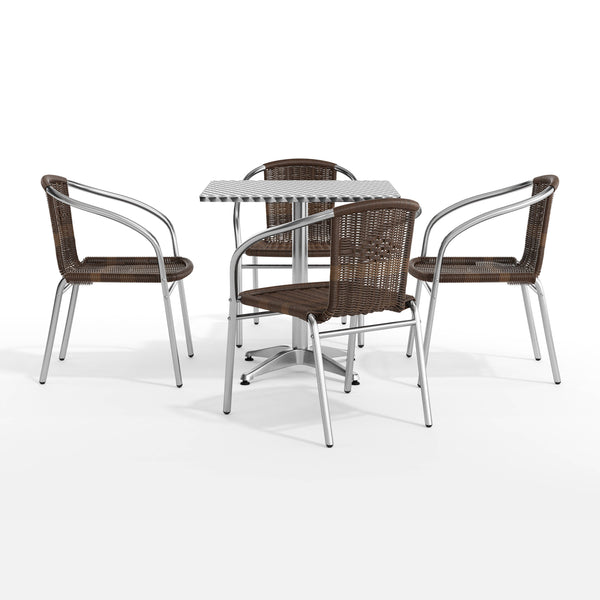 Dark Brown |#| 27.5" Square Aluminum Indoor-Outdoor Table Set with 4 Dark Brown Rattan Chairs