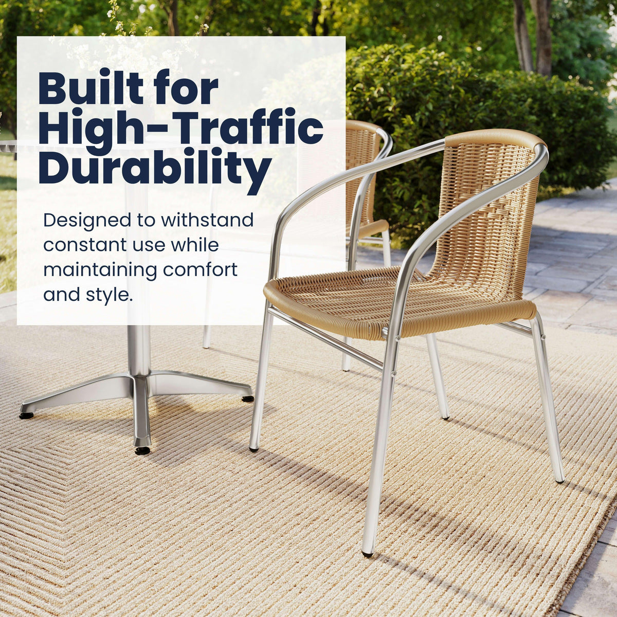 Beige |#| 27.5" Square Aluminum Indoor-Outdoor Table Set with 4 Beige Rattan Chairs