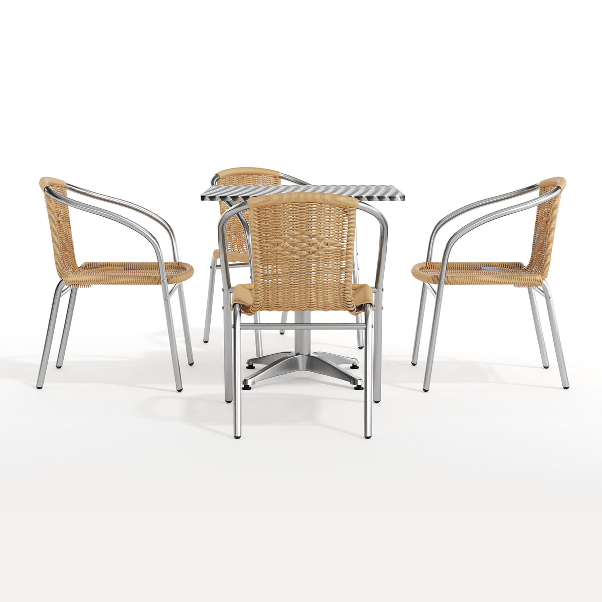 Beige |#| 27.5" Square Aluminum Indoor-Outdoor Table Set with 4 Beige Rattan Chairs