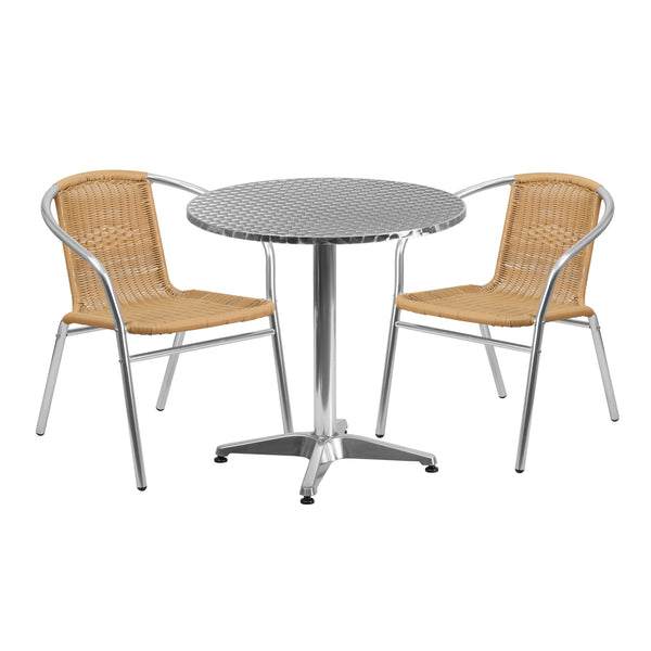 Beige |#| 27.5inch Round Aluminum Indoor-Outdoor Table Set with 2 Beige Rattan Chairs