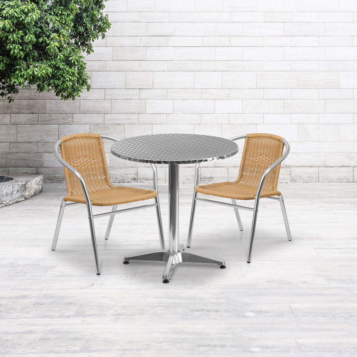 Beige |#| 27.5inch Round Aluminum Indoor-Outdoor Table Set with 2 Beige Rattan Chairs