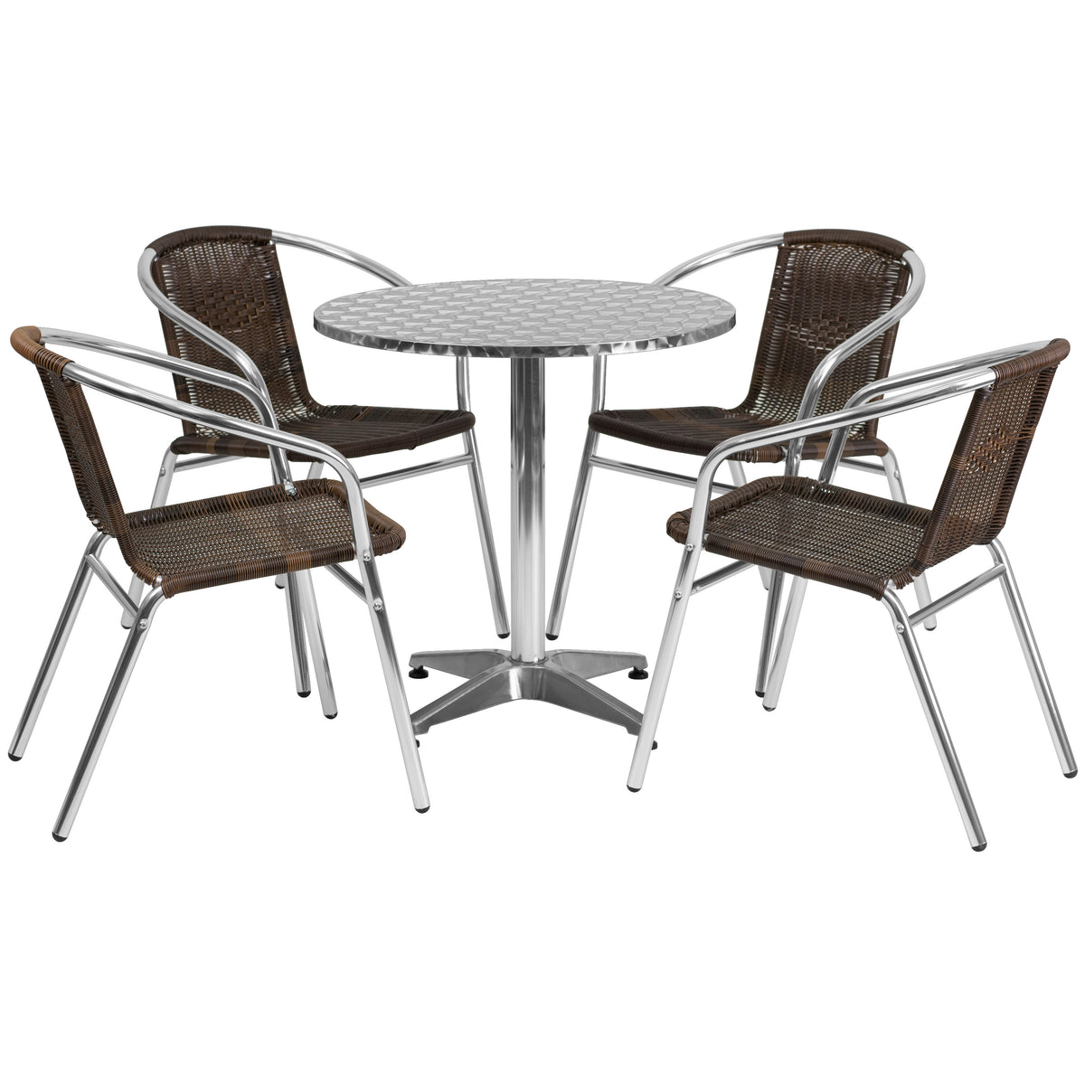 Dark Brown |#| 27.5inch Round Aluminum Indoor-Outdoor Table Set with 4 Dark Brown Rattan Chairs