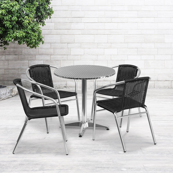 Black |#| 27.5inch Round Aluminum Indoor-Outdoor Table Set with 4 Black Rattan Chairs